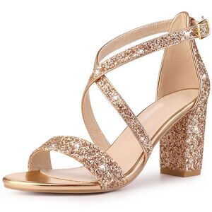 Glitter Dress Pumps Open Toe Crisscross Strap Chunky Heel Sandals Rose Gold